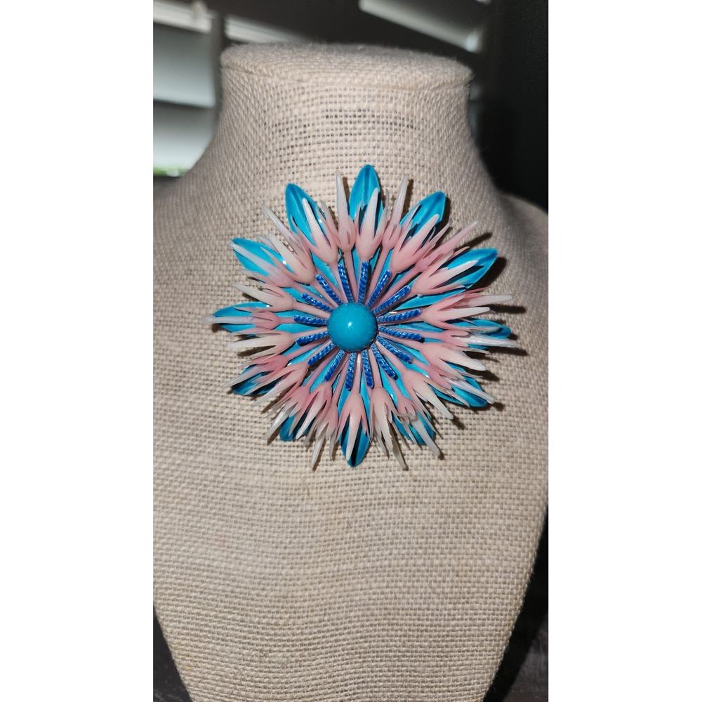 Vintage 60s Blue Pink Enamel Flower Brooch Pin Starburst Mid Century Retro 3"